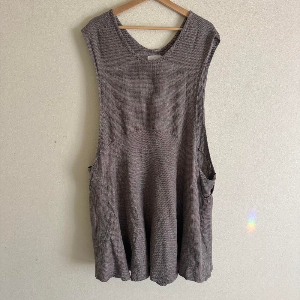 Flax Textured Lagenlook Woven Textured Linen Apron Style Tunic Mini Dress Large
